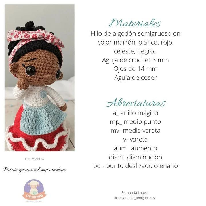 Patrón de crochet para una muñeca de pelo negro con un vestido rojo.