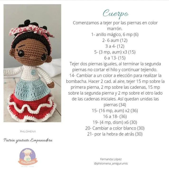 Patrón de crochet para una muñeca de pelo negro con un vestido rojo.