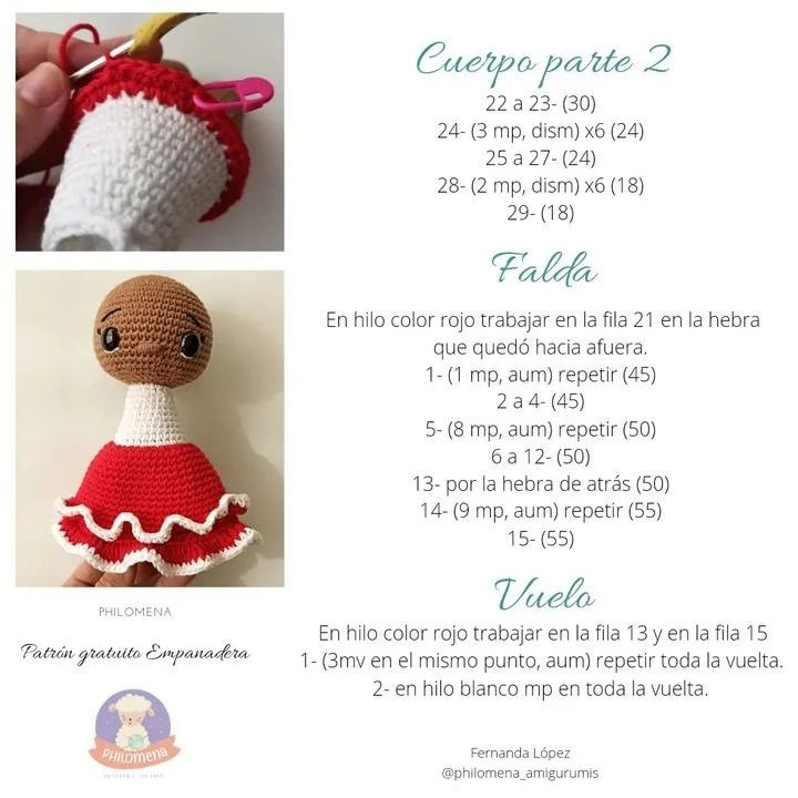 Patrón de crochet para una muñeca de pelo negro con un vestido rojo.