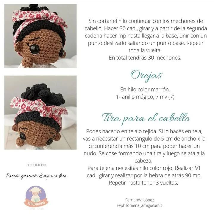 Patrón de crochet para una muñeca de pelo negro con un vestido rojo.