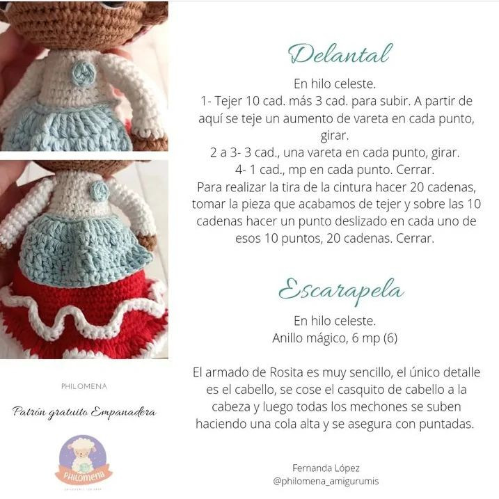 Patrón de crochet para una muñeca de pelo negro con un vestido rojo.