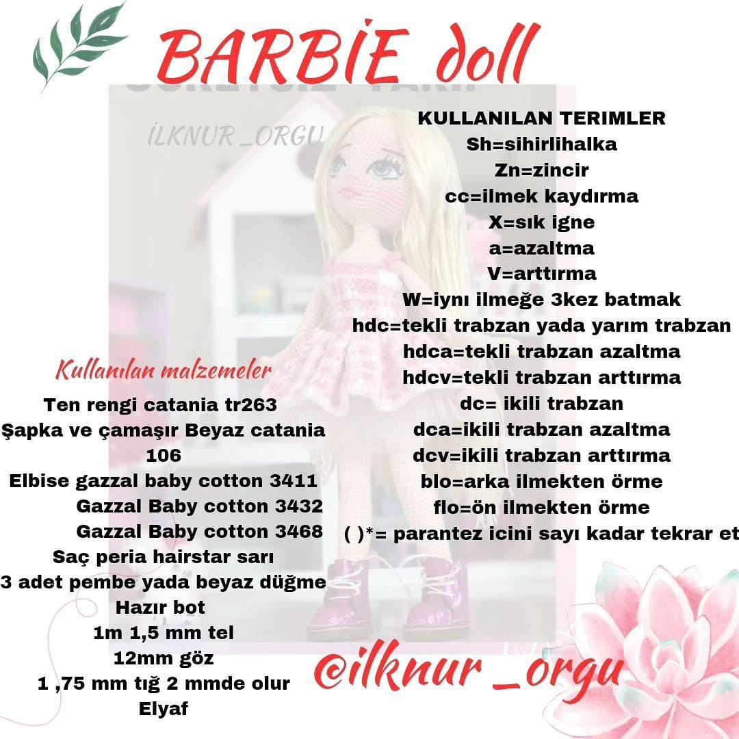 pembe elbiseli barbie bebek için tığ işi modeli