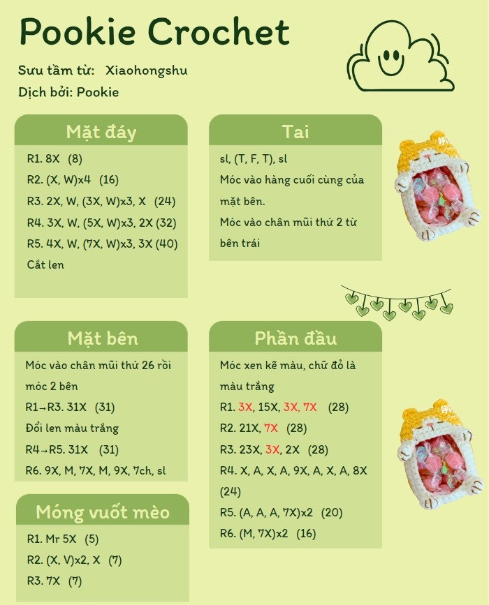 pookie crochet pattern (đựng kẹo mèo)