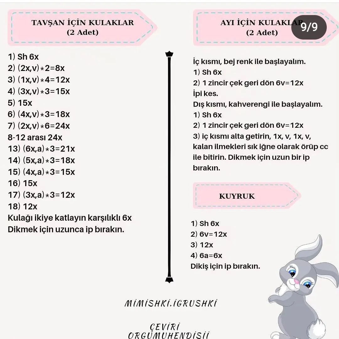 Şapka takan bir tavşan ve bir ayı için tığ işi modeli