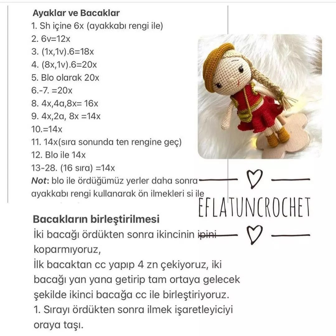 Şapka ve elbise giyen kahverengi saçlı bir bebek için tığ işi modeli.