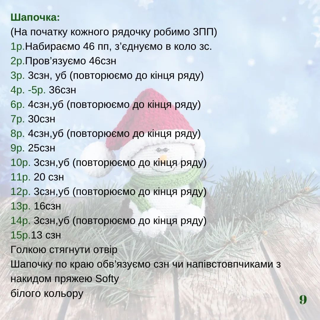 Схема в'язання гачком сніговика в шапочці Санти