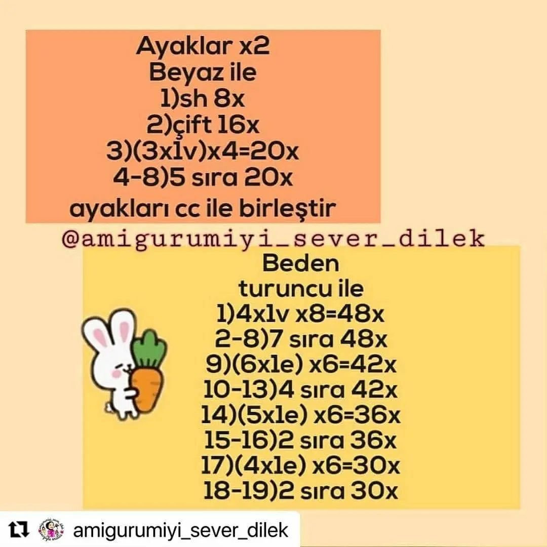 Turuncu bir elbise giyen ve havuç torbası taşıyan bir tavşan için tığ işi modeli.