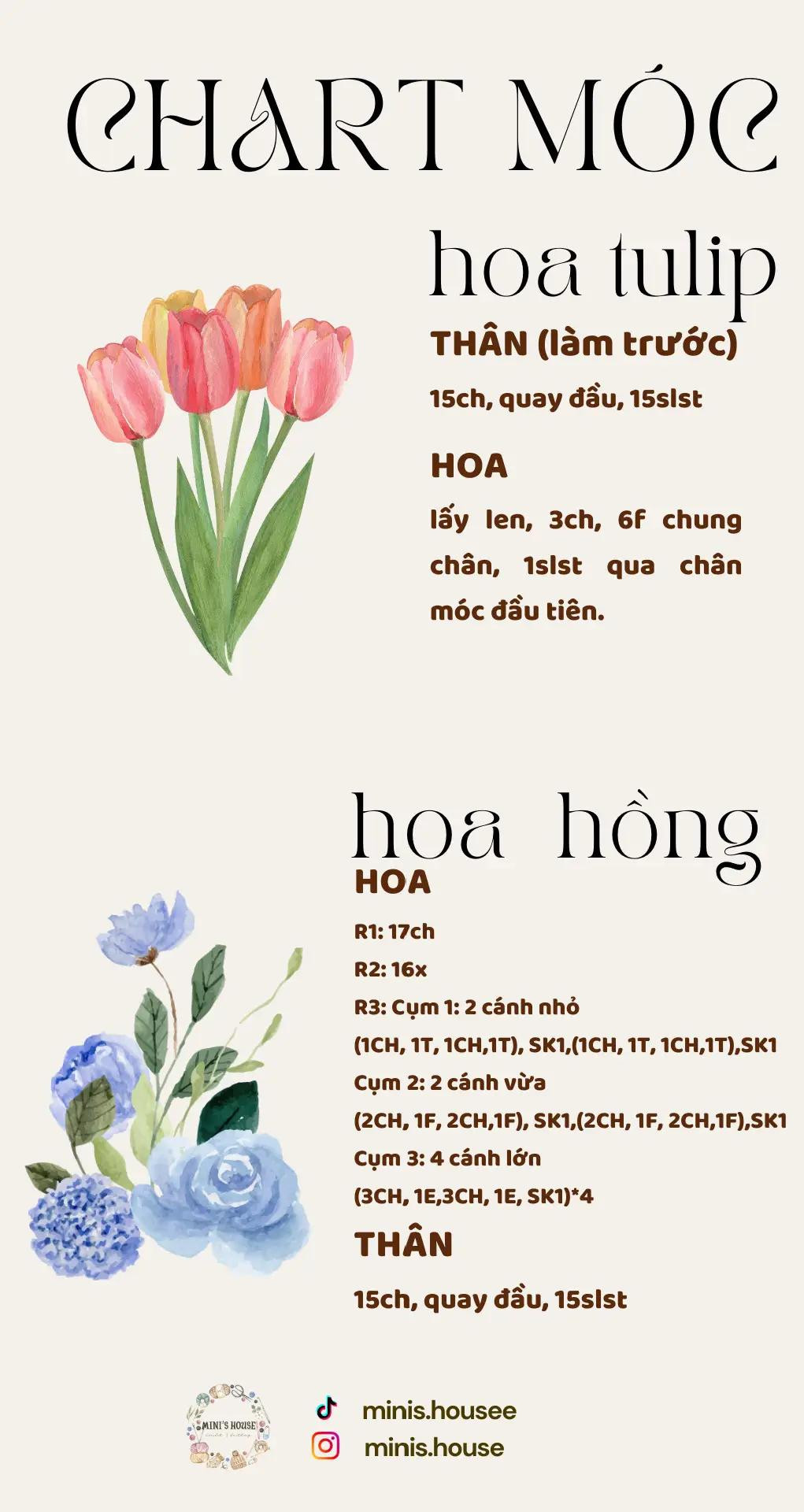 Chart móc hoa cúc, chart móc hoa hướng dương, hoa tulip