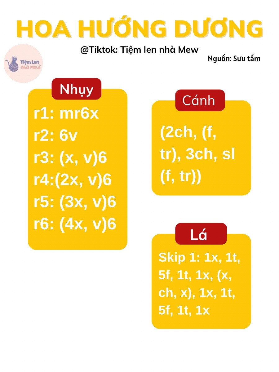 Chart móc len hoa hướng dương cánh màu vàng nhụy màu nâu.