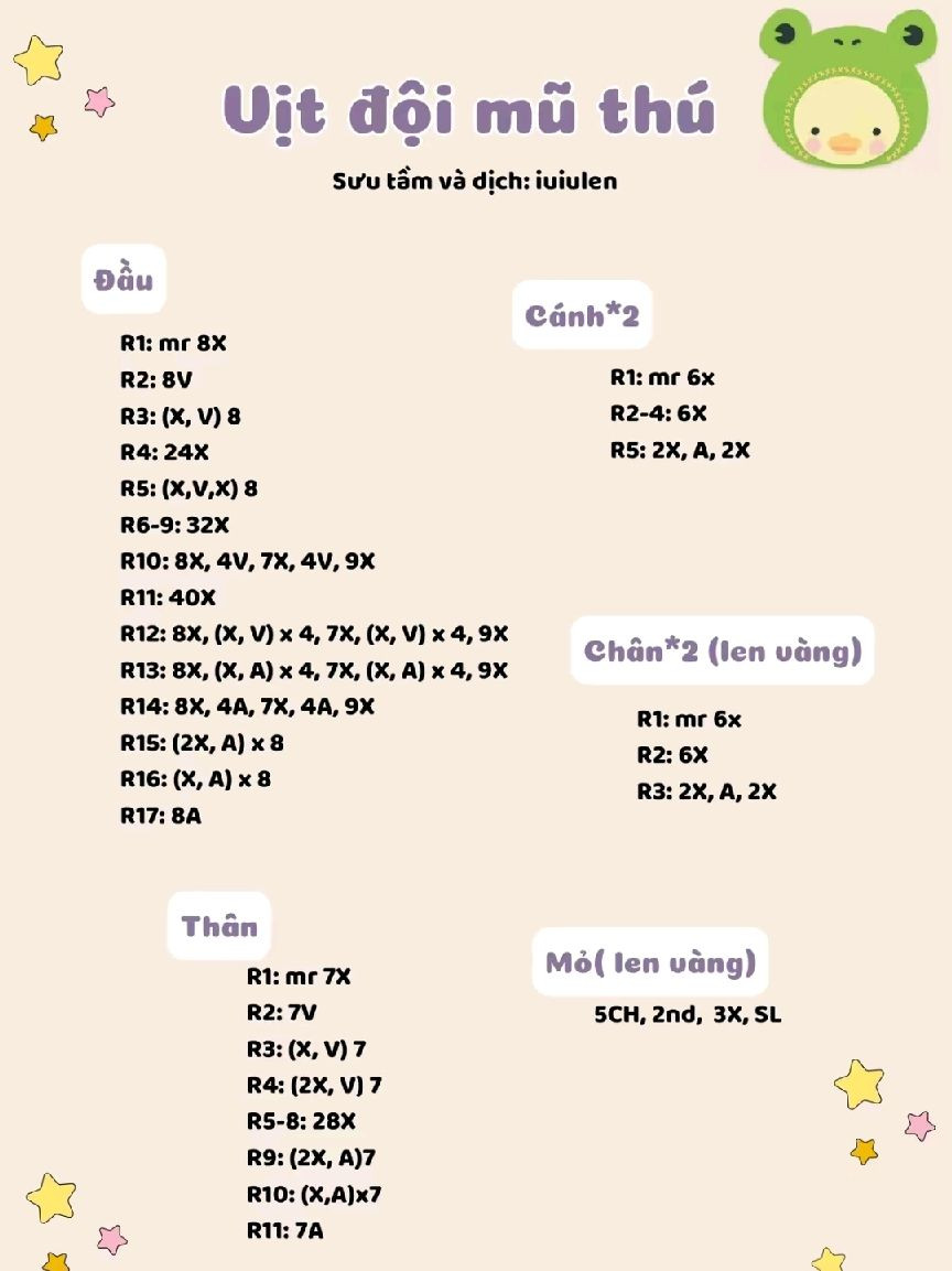 Chart móc len vịt đội mũ thú