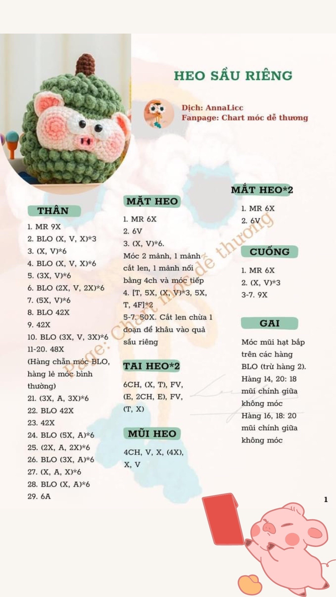 Chart móc len vựa  trái cây heo ngố, heo sầu riêng, heo đào, heo lê, heo dâu, heo dứa đen,