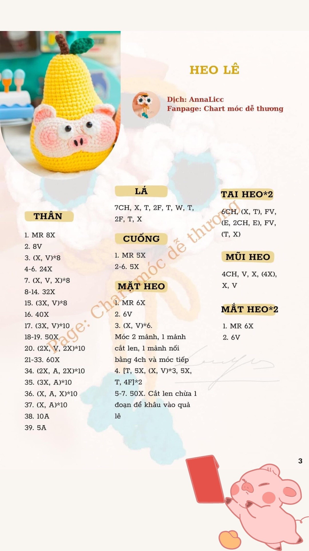 Chart móc len vựa  trái cây heo ngố, heo sầu riêng, heo đào, heo lê, heo dâu, heo dứa đen,