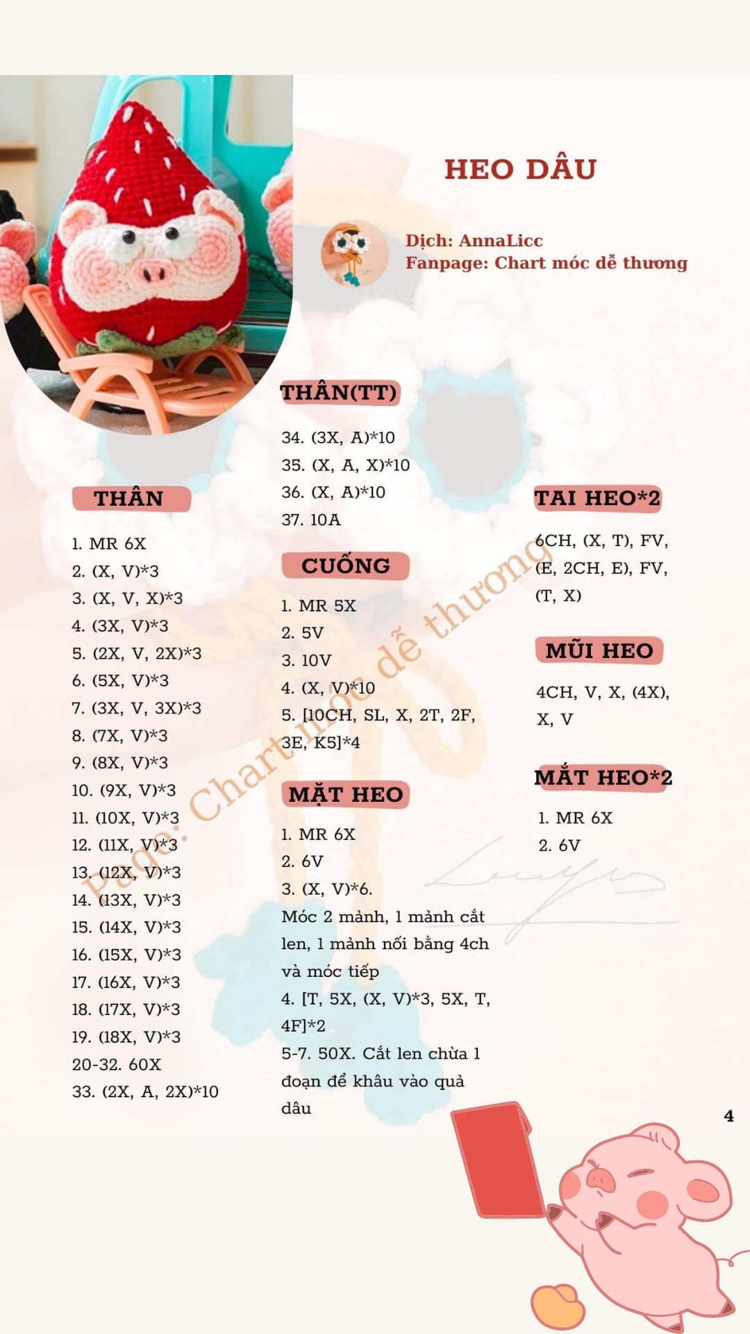 Chart móc len vựa  trái cây heo ngố, heo sầu riêng, heo đào, heo lê, heo dâu, heo dứa đen,