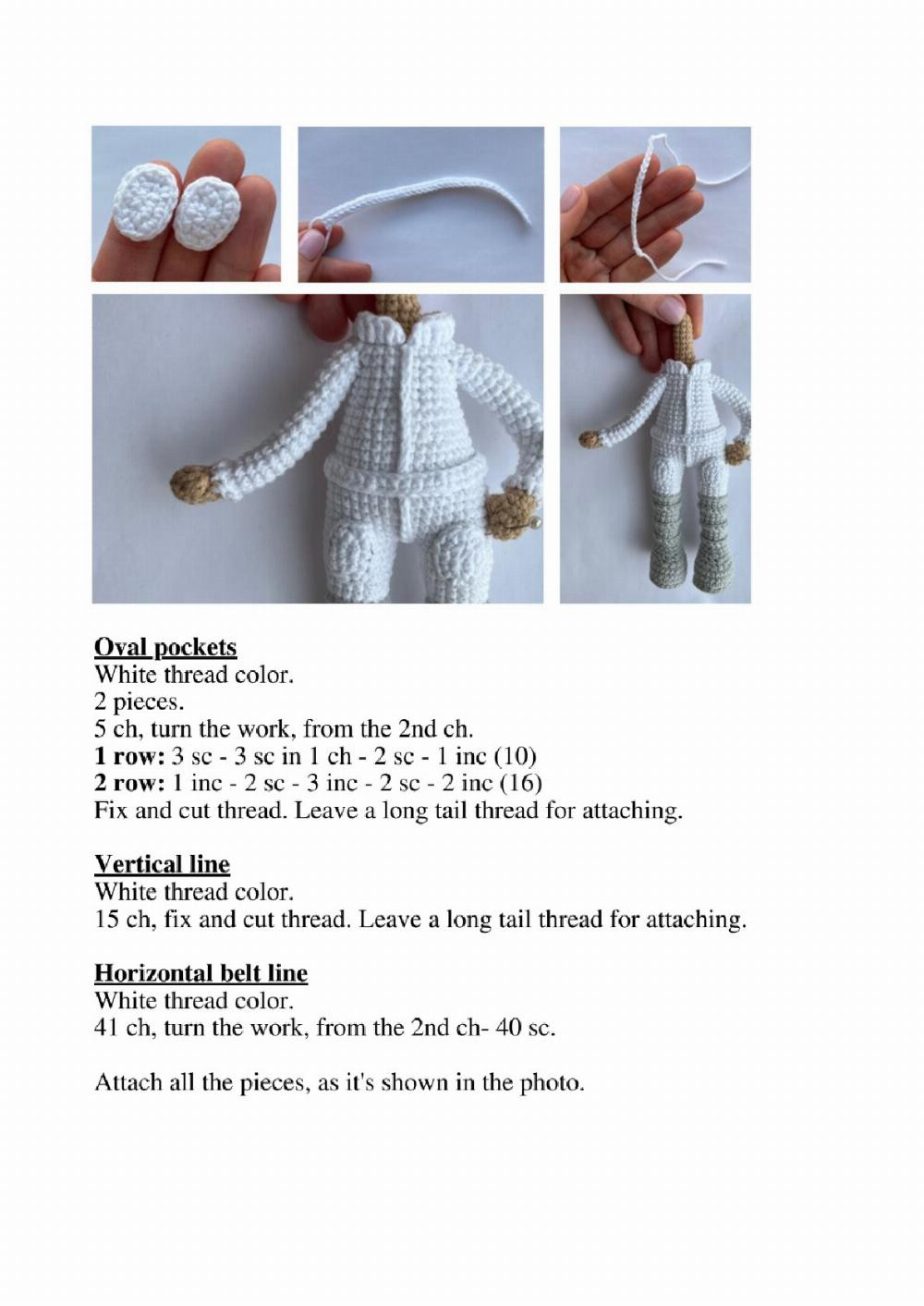 Crochet pattern for a boy doll wearing a hat and holding a sword