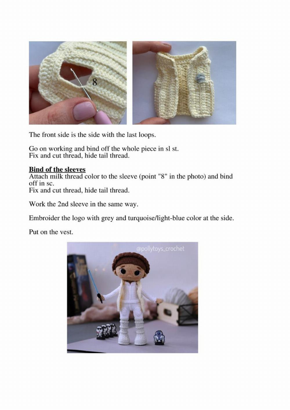 Crochet pattern for a boy doll wearing a hat and holding a sword