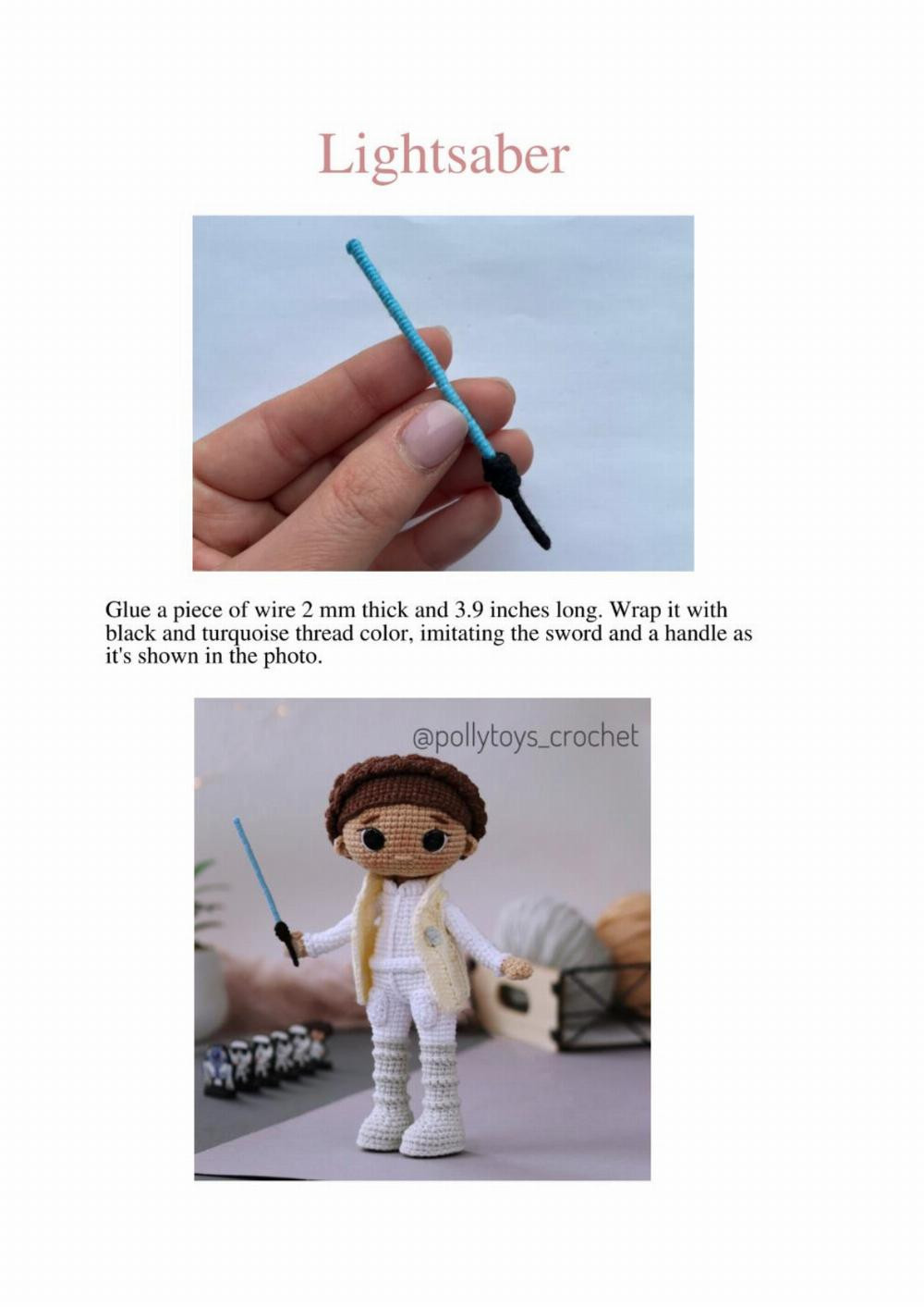 Crochet pattern for a boy doll wearing a hat and holding a sword