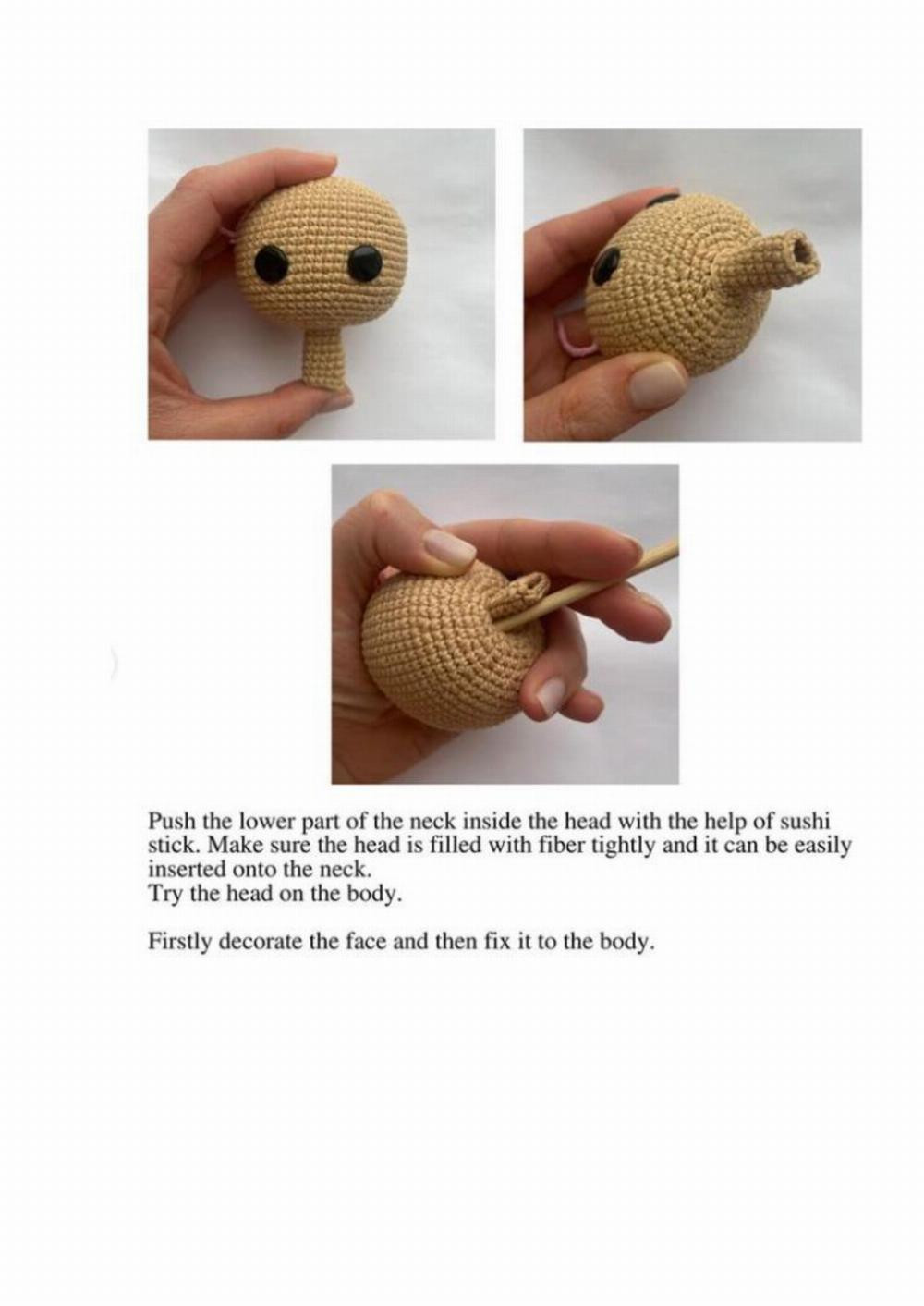 Crochet pattern for a boy doll wearing a hat and holding a sword