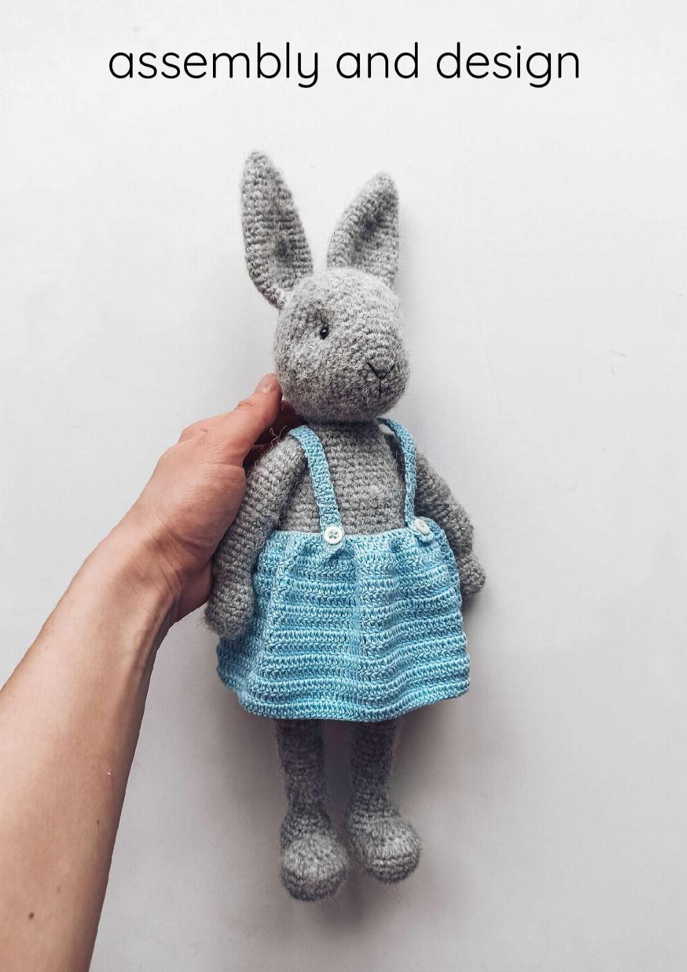 Crochet pattern for a rabbit wearing a shirt and skirt