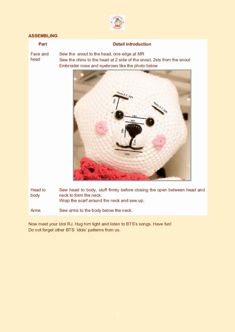 Crochet pattern of a moon bear wearing a red scarf, hexagonal face