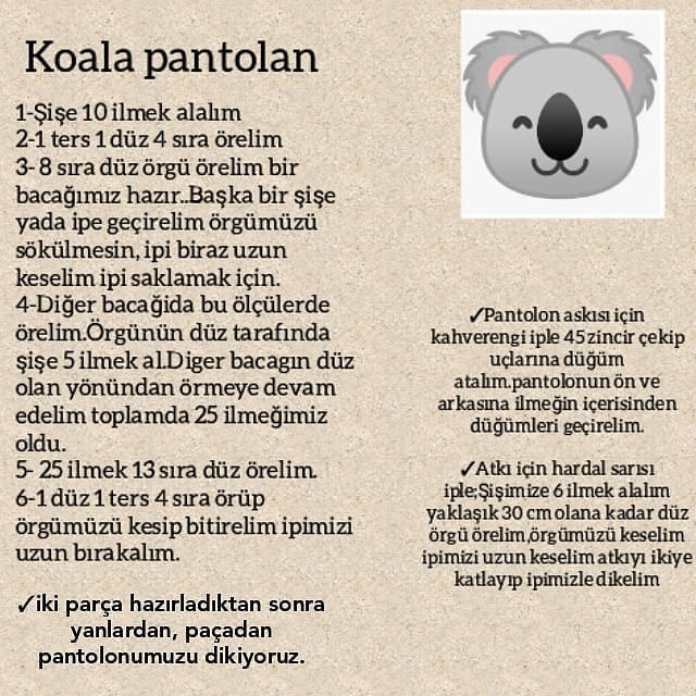 Eşarp ve tulum giyen koala ayısı tığ işi modeli