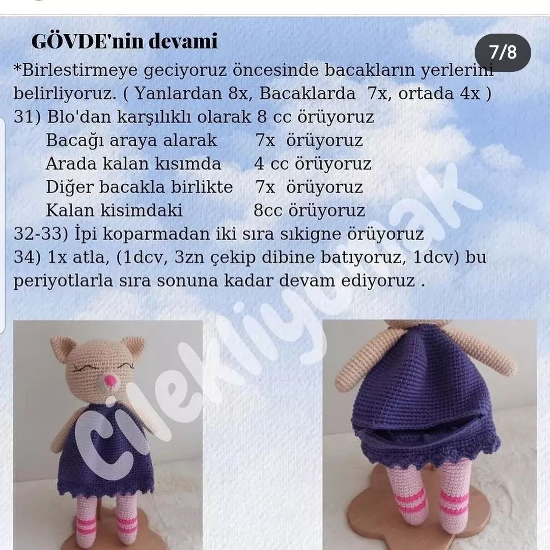 Mor elbise giyen ayı bebek için tığ işi modeli