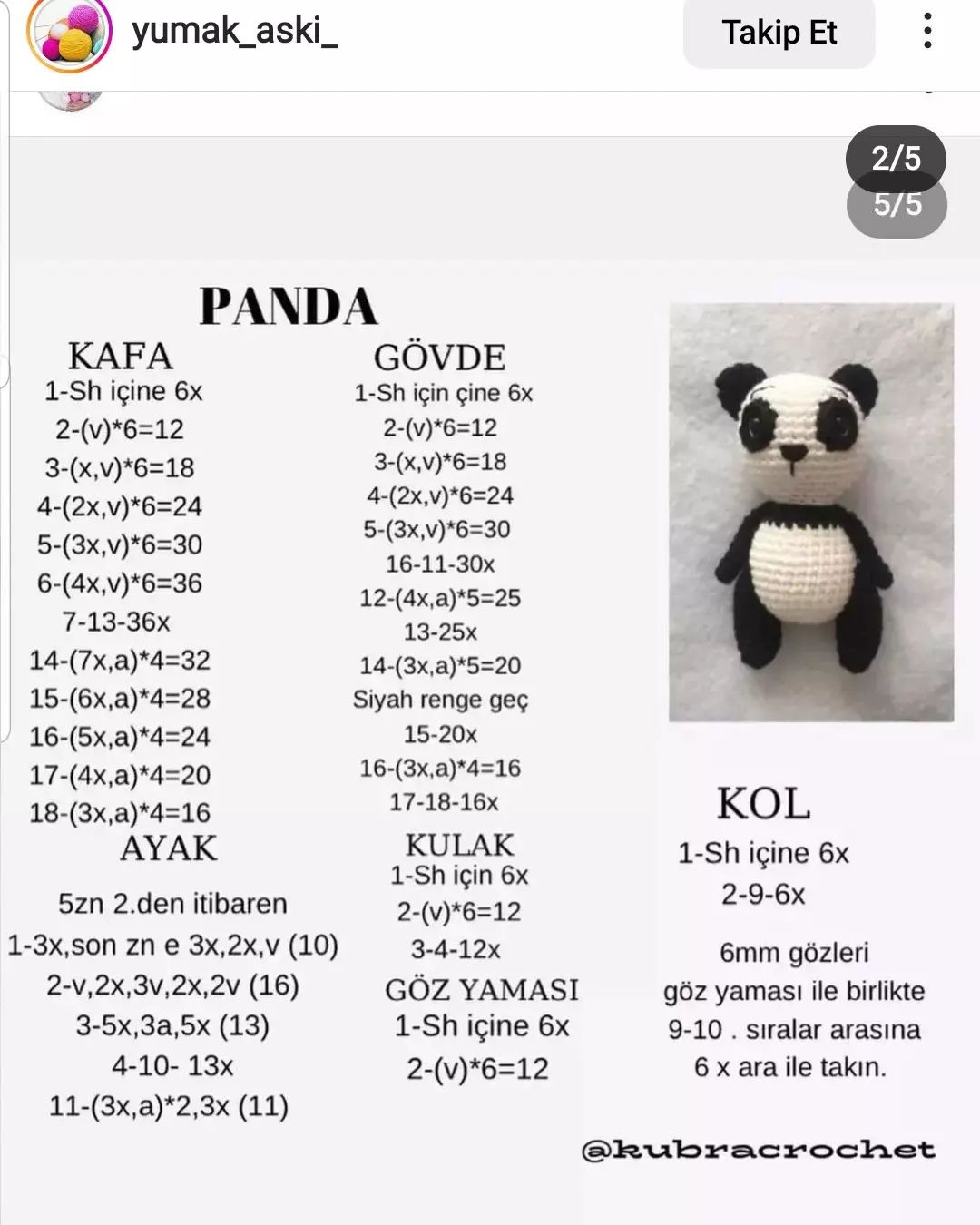 Pandalar, ayılar ve zürafalar için tığ işi desenleri