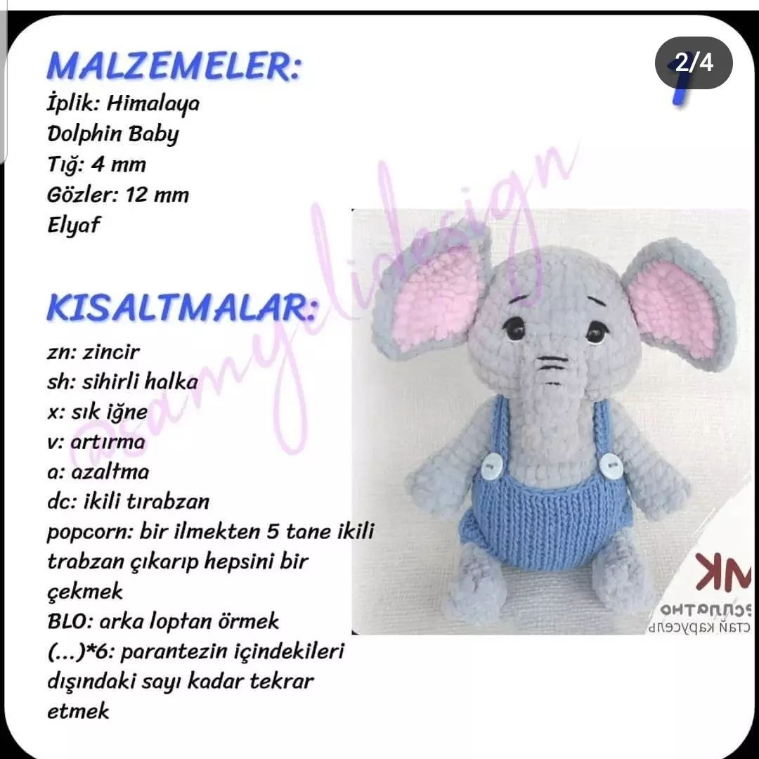 Pembe kulaklı mavi fil tığ işi modeli