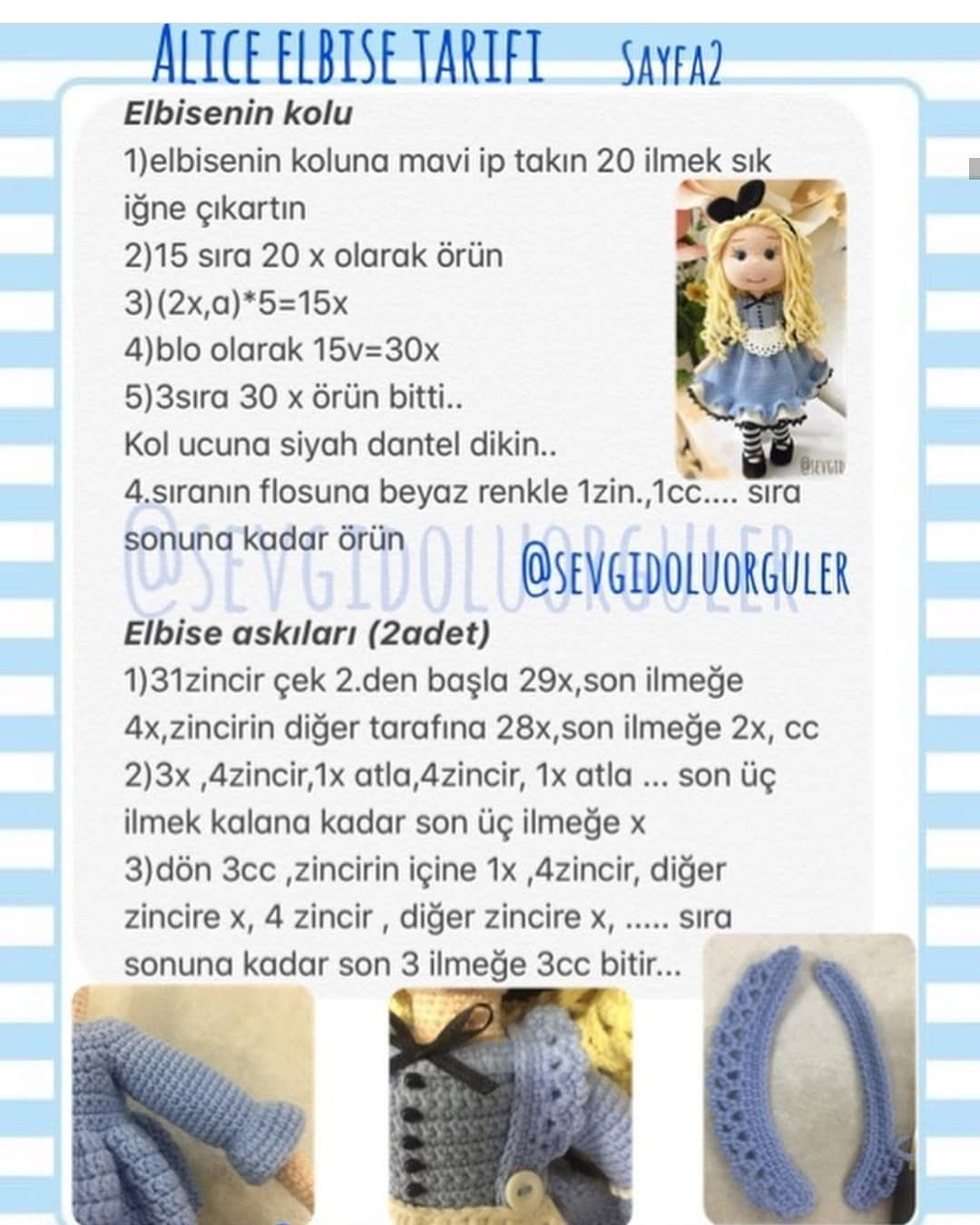 Sarı saçlı, mavi elbiseli ve siyah fiyonklu kız bebek için tığ işi modeli.