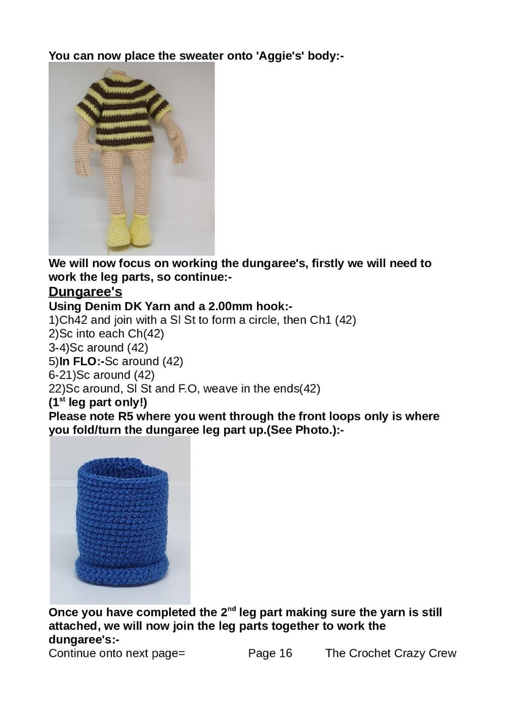 Aggie, Crochet pattern of baby girl doll wearing overalls, black hair tied in the back,