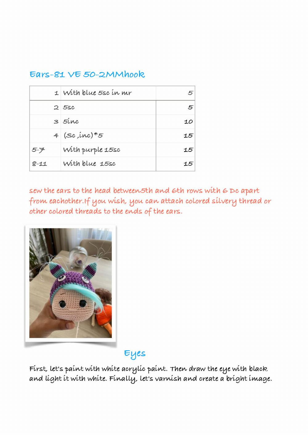 ALEX, Crochet pattern for a baby girl doll wearing overalls and a rabbit-eared hat