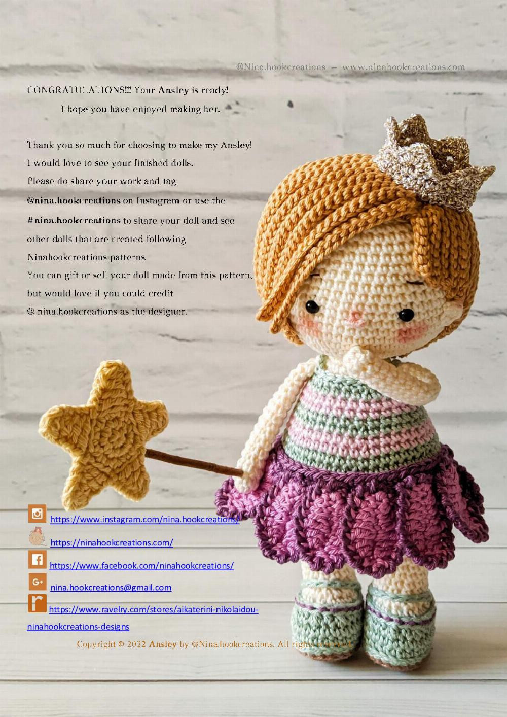 ansley doll, Crochet pattern of blonde doll wearing a heart-colored dress holding a star stick