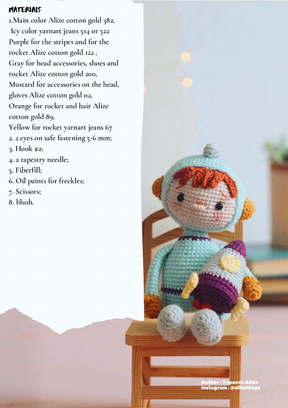 ASTROUNAUT LOUIS, Baby doll crochet pattern wearing an astronaut suit, holding a rocket