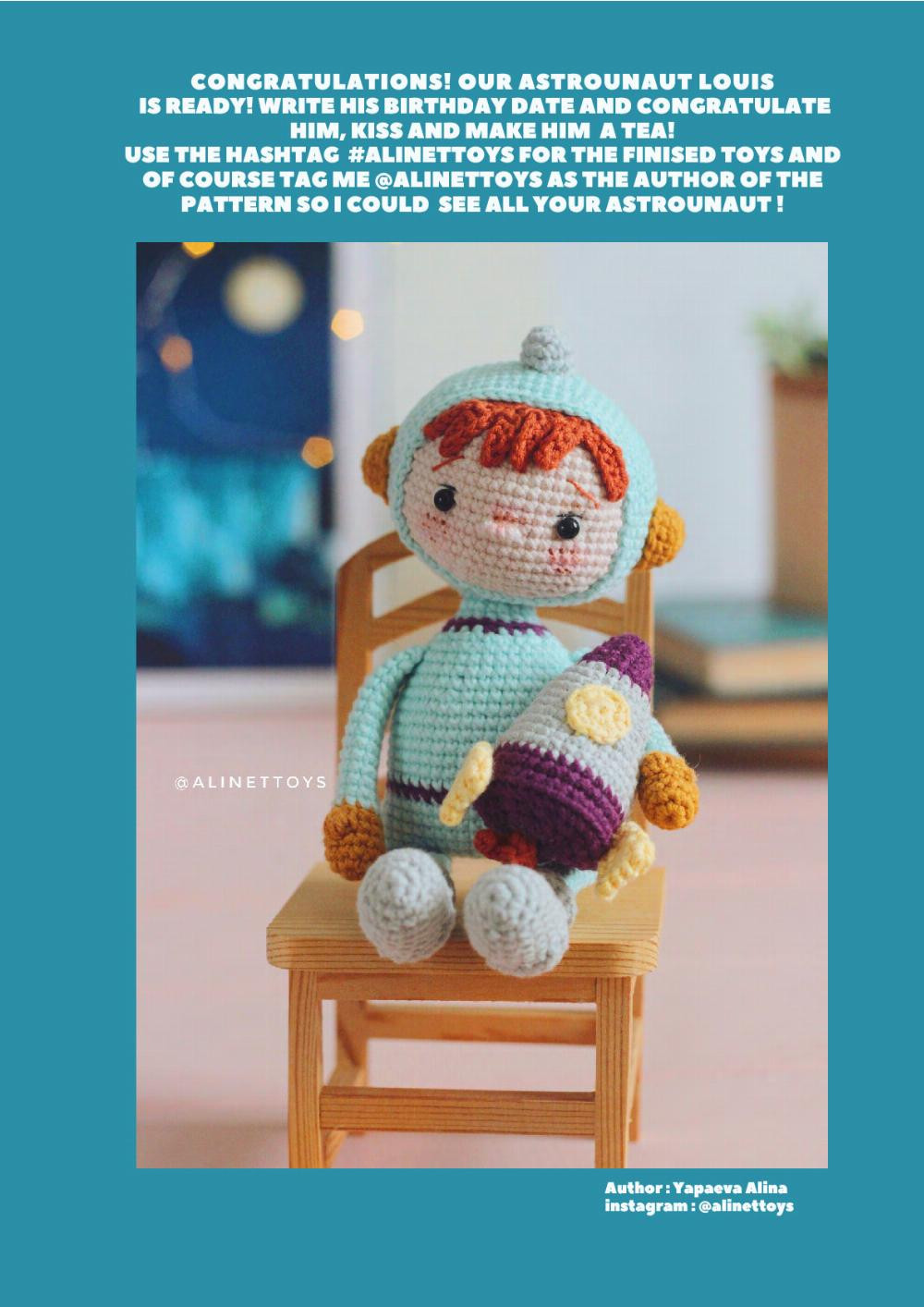 ASTROUNAUT LOUIS, Baby doll crochet pattern wearing an astronaut suit, holding a rocket