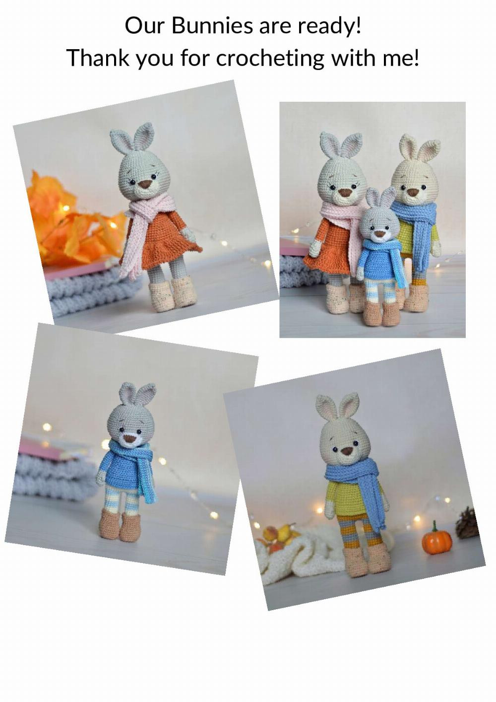 Bunny Family Crochet Pattern, Family crochet pattern for rabbits wearing scarves and sweaters