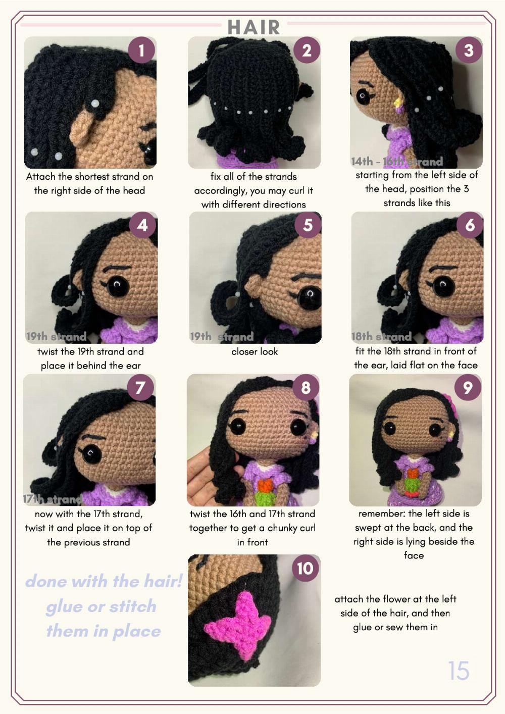 Cactus Gift Madrigal Amigurumi Pattern, Crochet pattern for baby girl doll wearing purple dress and black hair