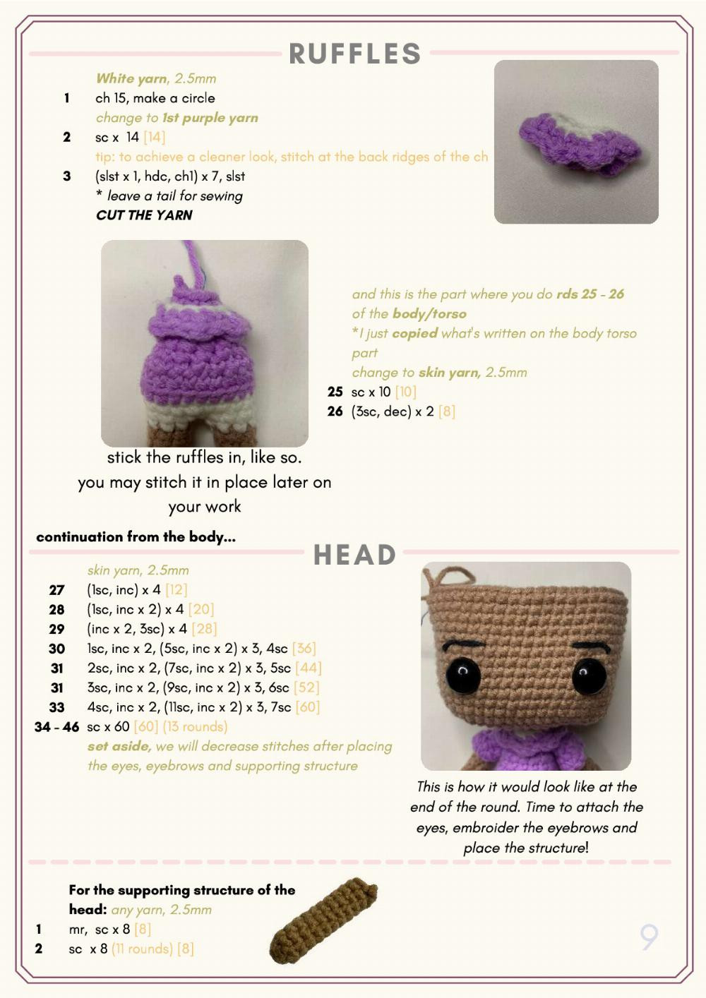 Cactus Gift Madrigal Amigurumi Pattern, Crochet pattern for baby girl doll wearing purple dress and black hair