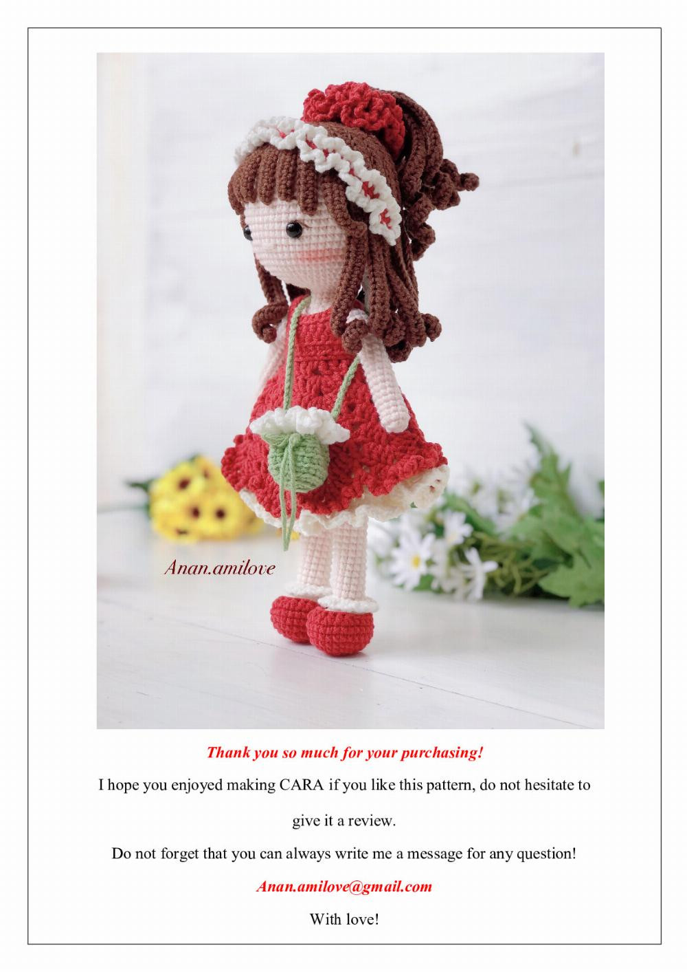 cara, Crochet model of a brown-haired girl wearing a red dress and carrying a crossbody bag