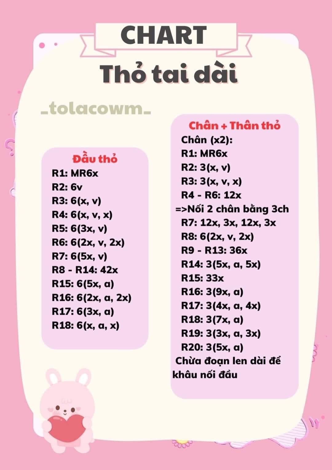 Chart hướng dẫn móc len thỏ tai dài