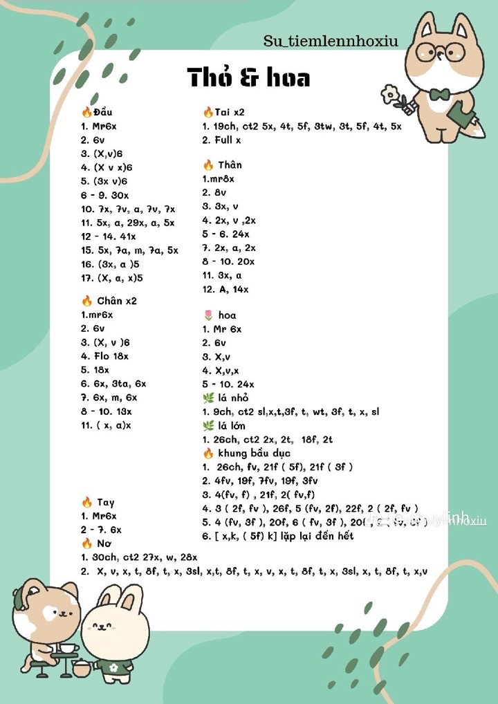 chart móc ong mini, thỏ và hoa, capybara đi học