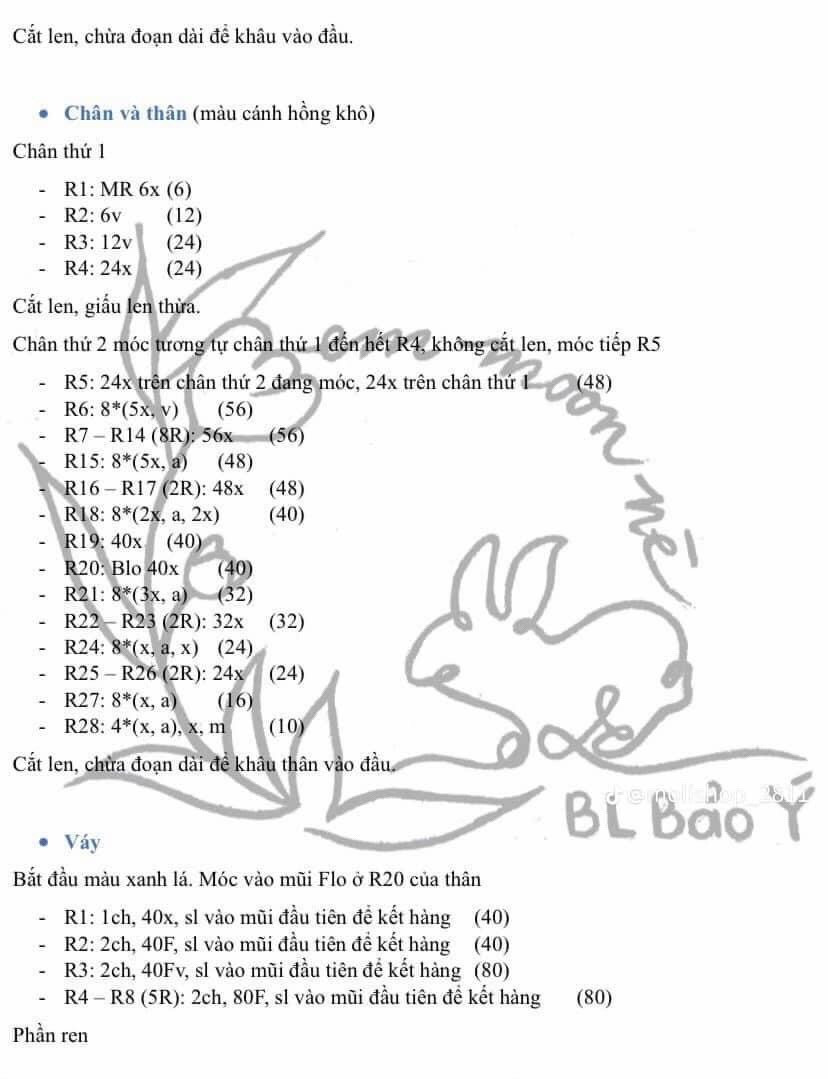 Chart móc thỏ mặc váy, đội mũ xòe