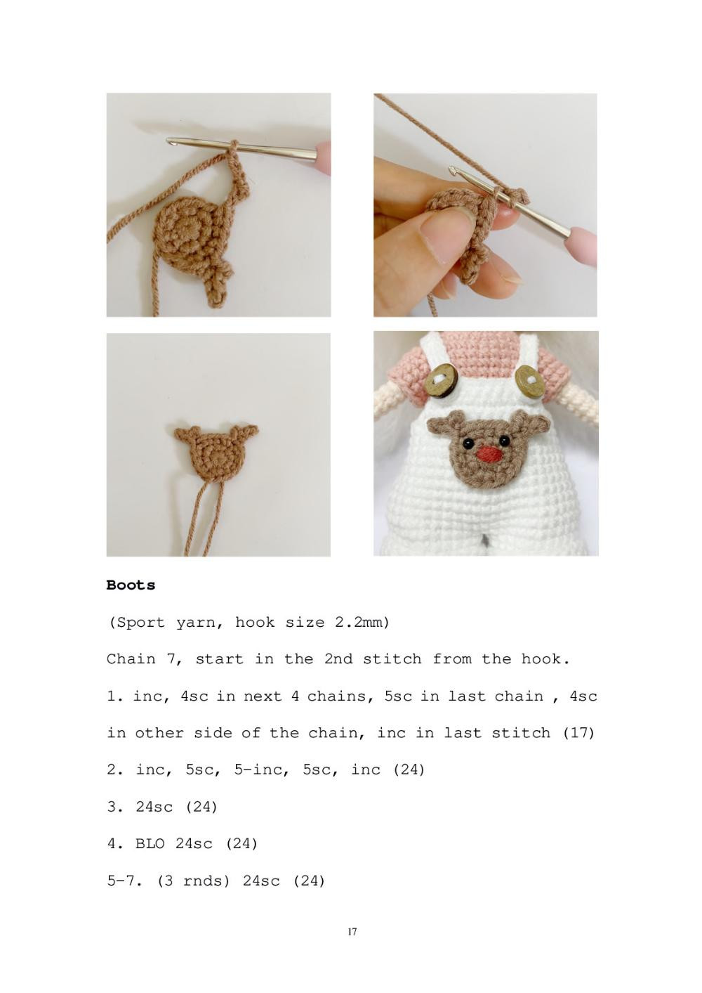 Chlo é Doll Chloé, Crochet pattern for a white-haired doll wearing a deer hat and wearing overalls