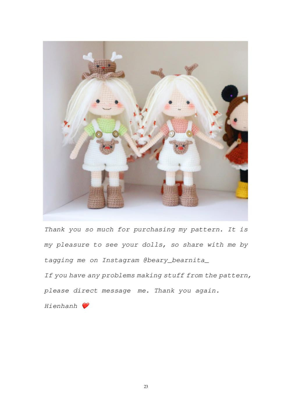 Chlo é Doll Chloé, Crochet pattern for a white-haired doll wearing a deer hat and wearing overalls