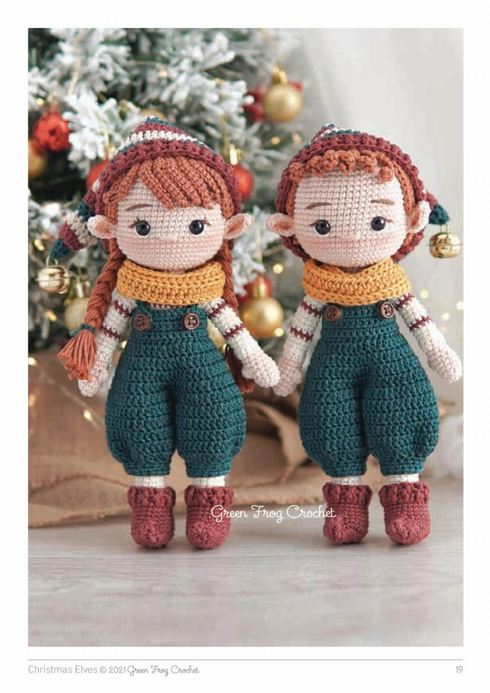 Christmas Elves -2021, Crochet pattern for a couple doll wearing overalls, a scarf and a wool hat