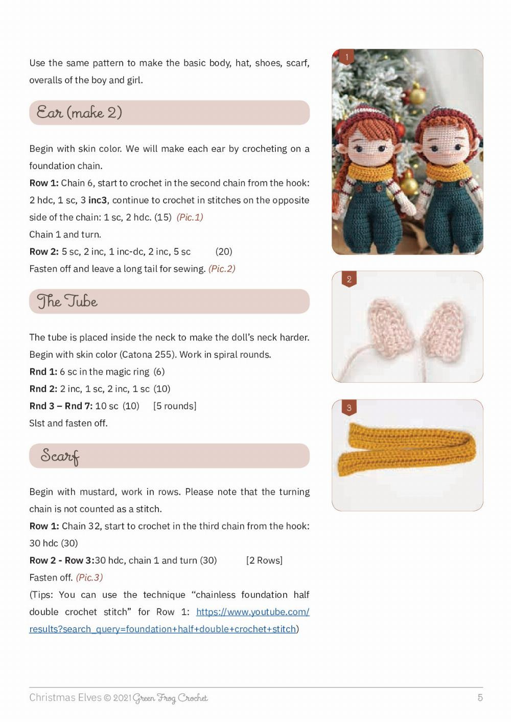 Christmas Elves -2021, Crochet pattern for a couple doll wearing overalls, a scarf and a wool hat