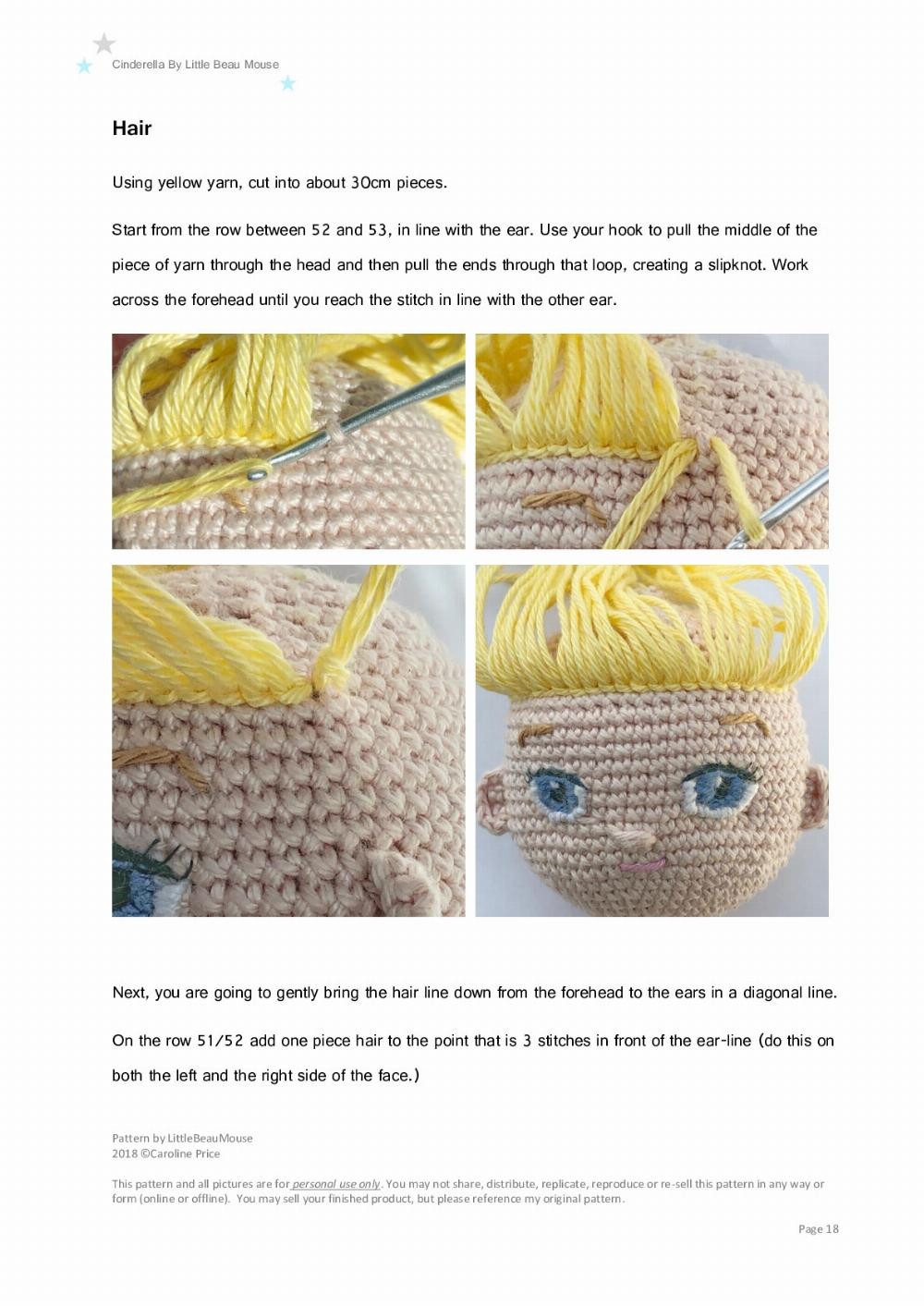 Cinderella, Crochet pattern for a blonde princess wearing a blue dress