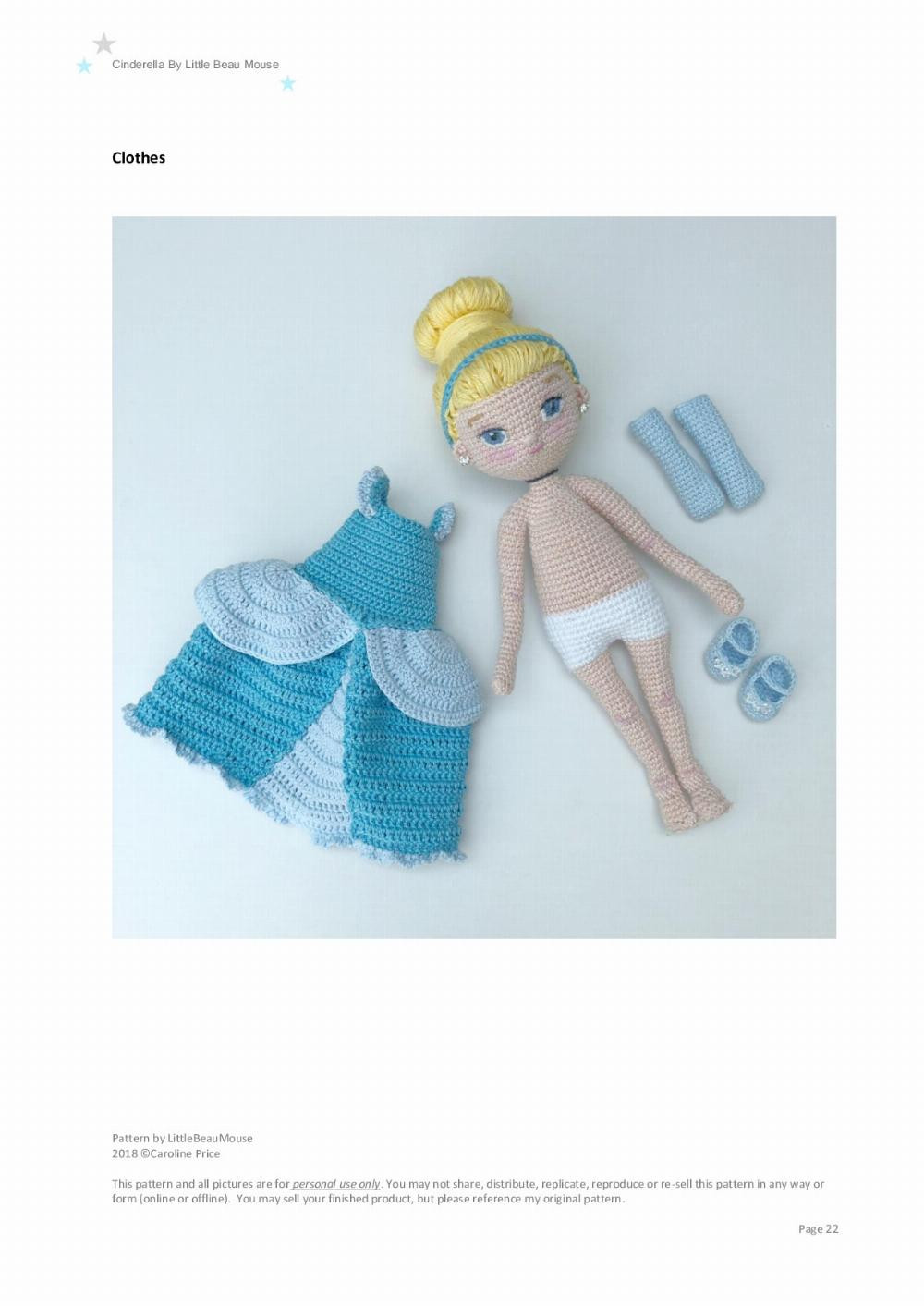 Cinderella, Crochet pattern for a blonde princess wearing a blue dress