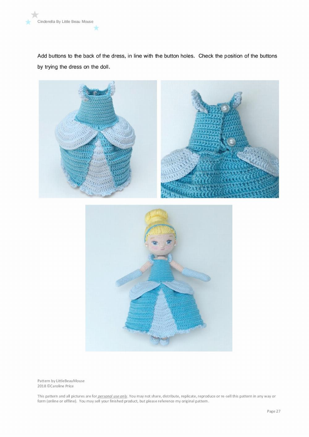 Cinderella, Crochet pattern for a blonde princess wearing a blue dress