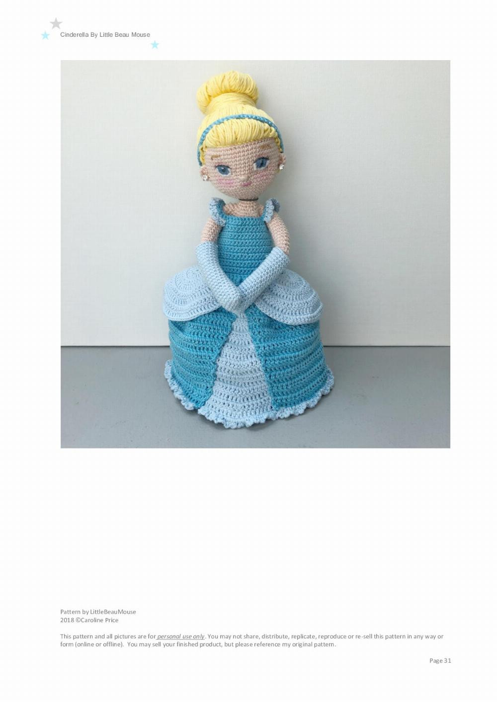 Cinderella, Crochet pattern for a blonde princess wearing a blue dress