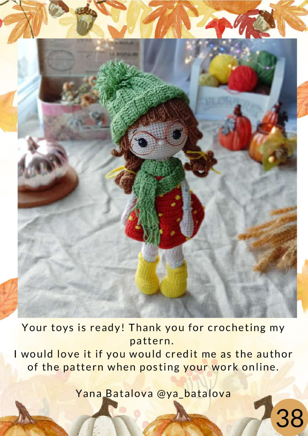 crochet pattern Autumn Doll, Baby girl doll wearing a red dress, scarf and wool hat