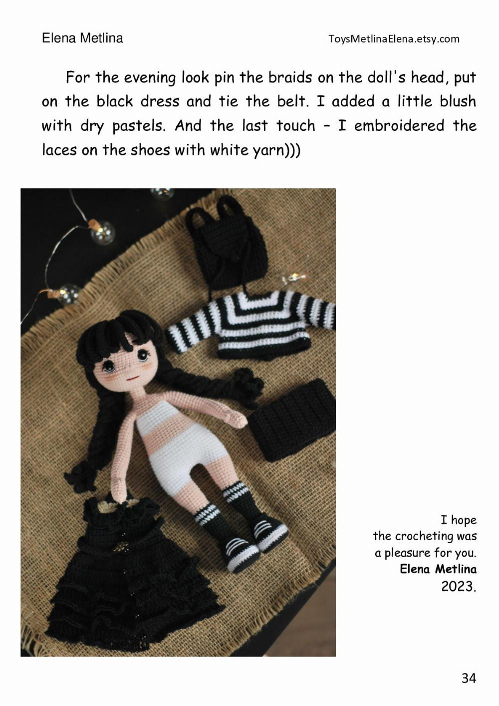 Crochet pattern «Doll with clothes », Girl doll crochet pattern with black outfit